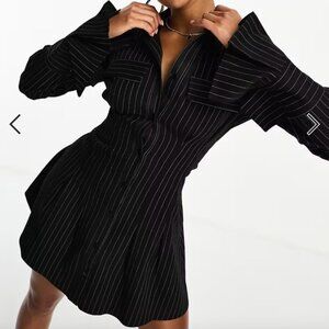 ASOS DESIGN mini shirt dress with oversized cuff in black pinstripe in US 10
